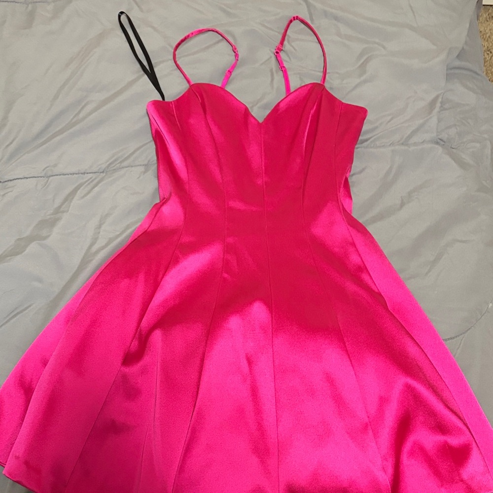 BEBE Hot Pink Satin Fit-and-Flare Skater Dress with Spaghetti Straps